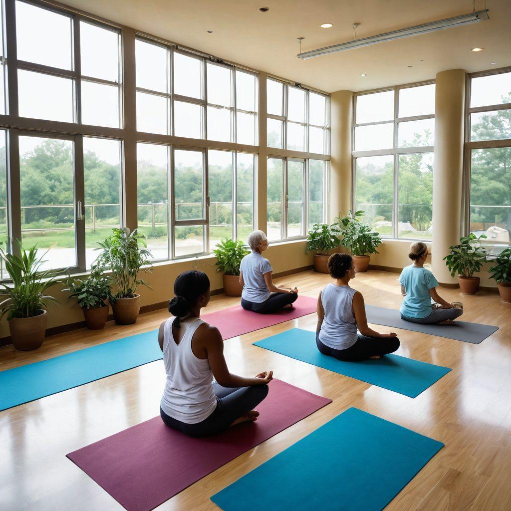 A serene healthcare environment showcasing a diverse group of patients and survivors, engaging in wellness activities like yoga, cooking healthy meals, and participating in support groups. Include elements like a bright sun shining through large windows, plants for a touch of nature, and motivational quotes on the walls. Illustrate a sense of community, hope, and proactive health management. vibrant colors. soothing atmosphere. super-realistic.